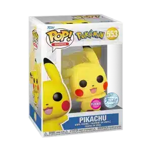 Funko Pop de Pikachu saludando, textura aterciopelada
